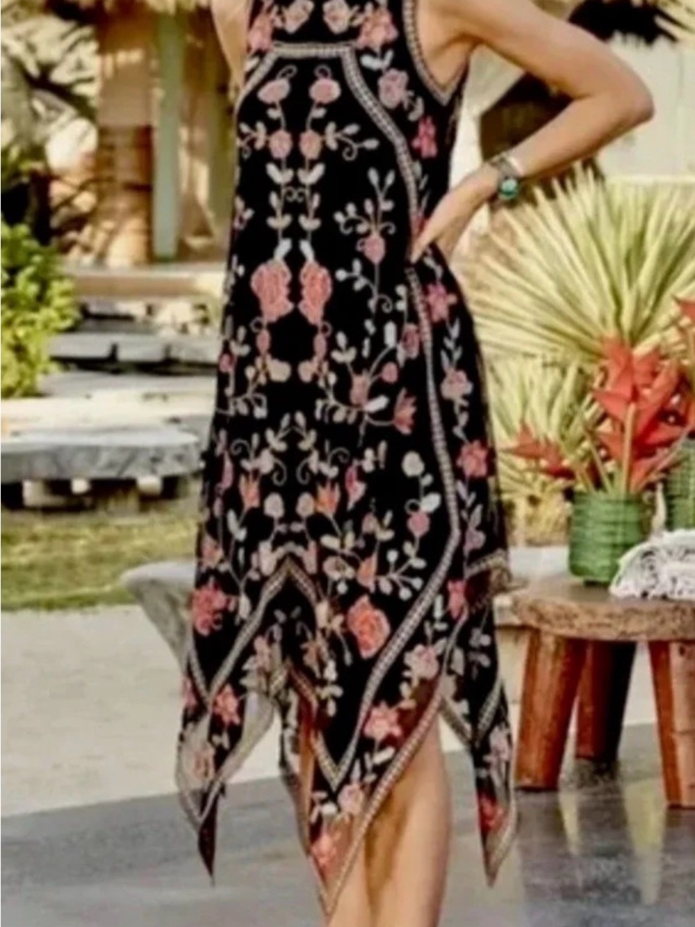 Tolani Black Floral Asymmetrical Handkerchief Hem Dress